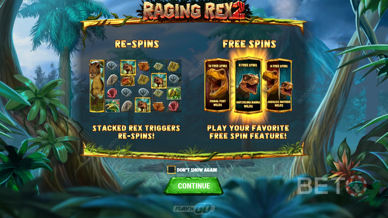 Nauti Respins ja 3 erilaista ilmaiskierrosta Raging Rex 2 -kolikkopelissä.