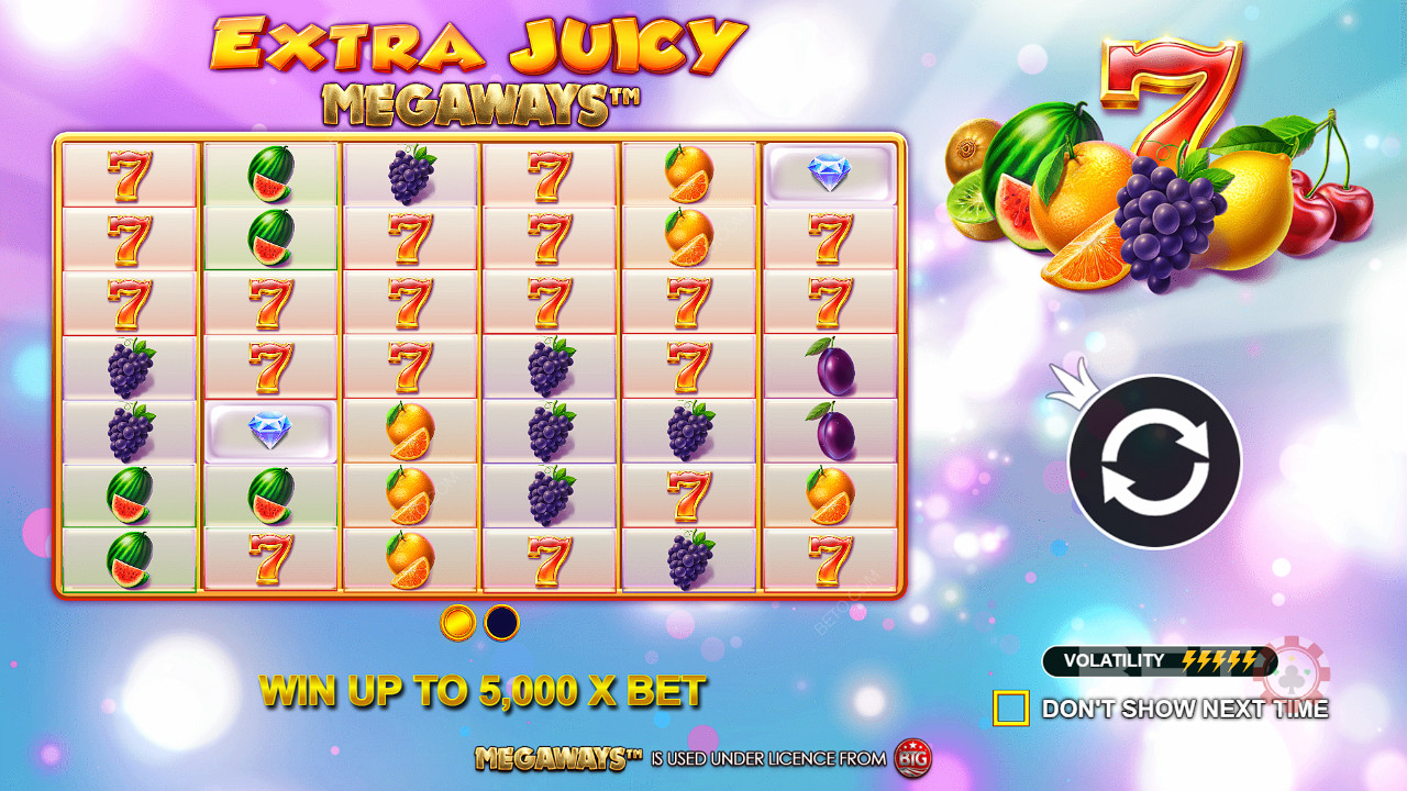 Pelaa Extra Juicy Megaways -peliä ja voita enintään 5 000-kertainen käteispalkinto.