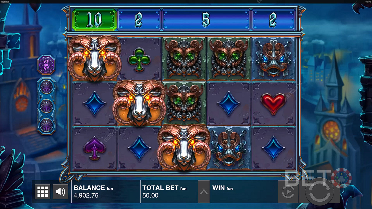 Saa yhteensopivat symbolit vasemmalta oikealle saadaksesi voiton Nightfall-kolikkopelissä.