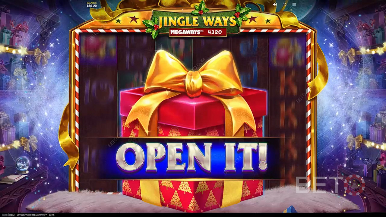 Avaa lahja paljastaaksesi tehokkaat ominaisuudet Jingle Ways Megaways -kolikkopelissä.