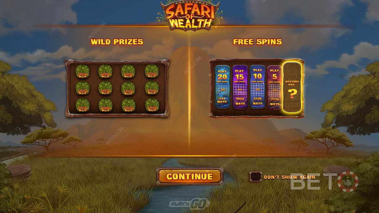 Hanki valtavia voittoja Wild-palkintojen ja ilmaiskierrosten avulla Safari of Wealth -kolikkopelissä.