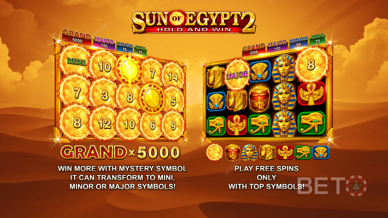Nauti jackpotista, jonka arvo on jopa 5000x panoksesi ja ilmaiskierrosten arvo Sun of Egypt 2 -kolikkopelissä.