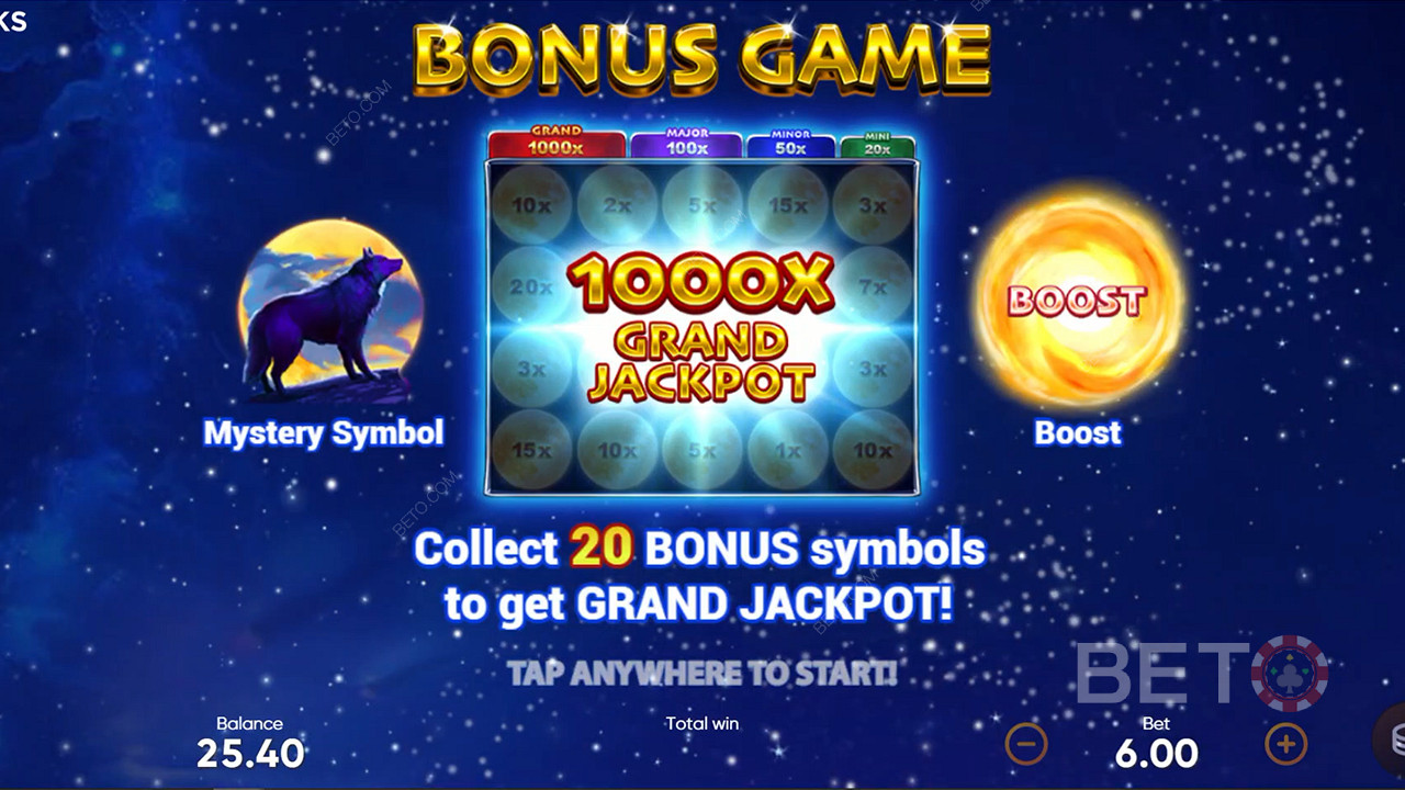 Kerää 20 bonussymbolia bonuspelissä avataksesi Grand Jackpotin.