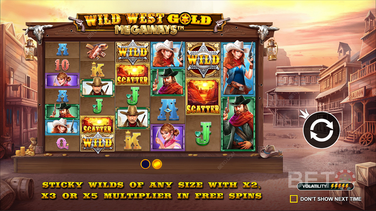 Sticky Wildit, joissa on jopa 5-kertaiset kertoimet, löytyvät Wild West Gold Megaways-kolikkopelistä.