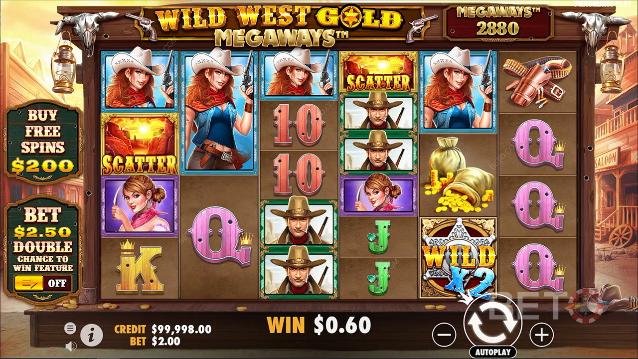 Nauti loputtomista mahdollisuuksista Megaways-mekaniikan avulla Wild West Gold Megaways-kolikkopelissä.