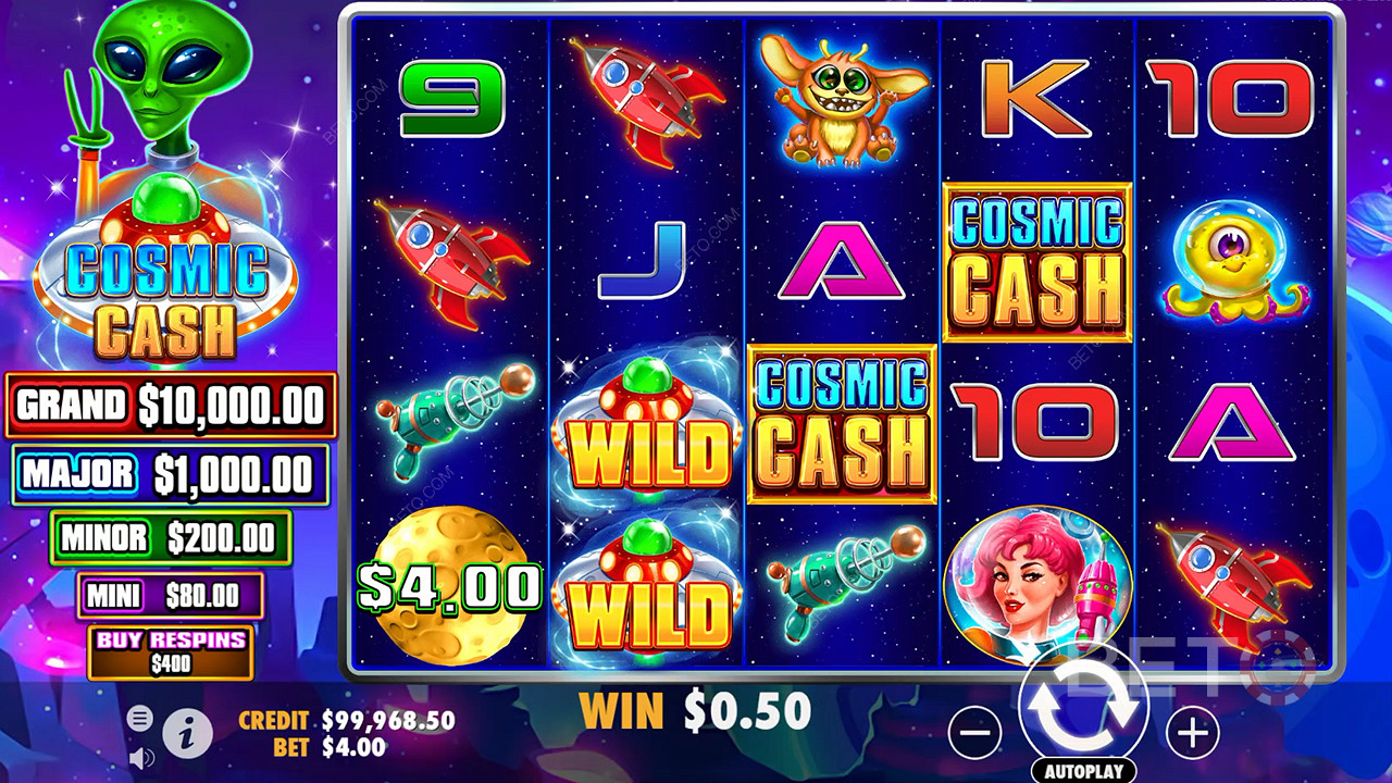 Cosmic Cash -kasinokolikkopelin peruspelissä onrunsaasti Wild-symboleita.