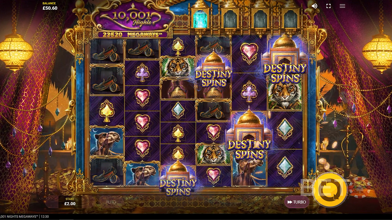 Vähintään 3 Destiny Spins -symbolia käynnistää ilmaiskierrokset 10001 Nights Megaways -kolikkopelissä.