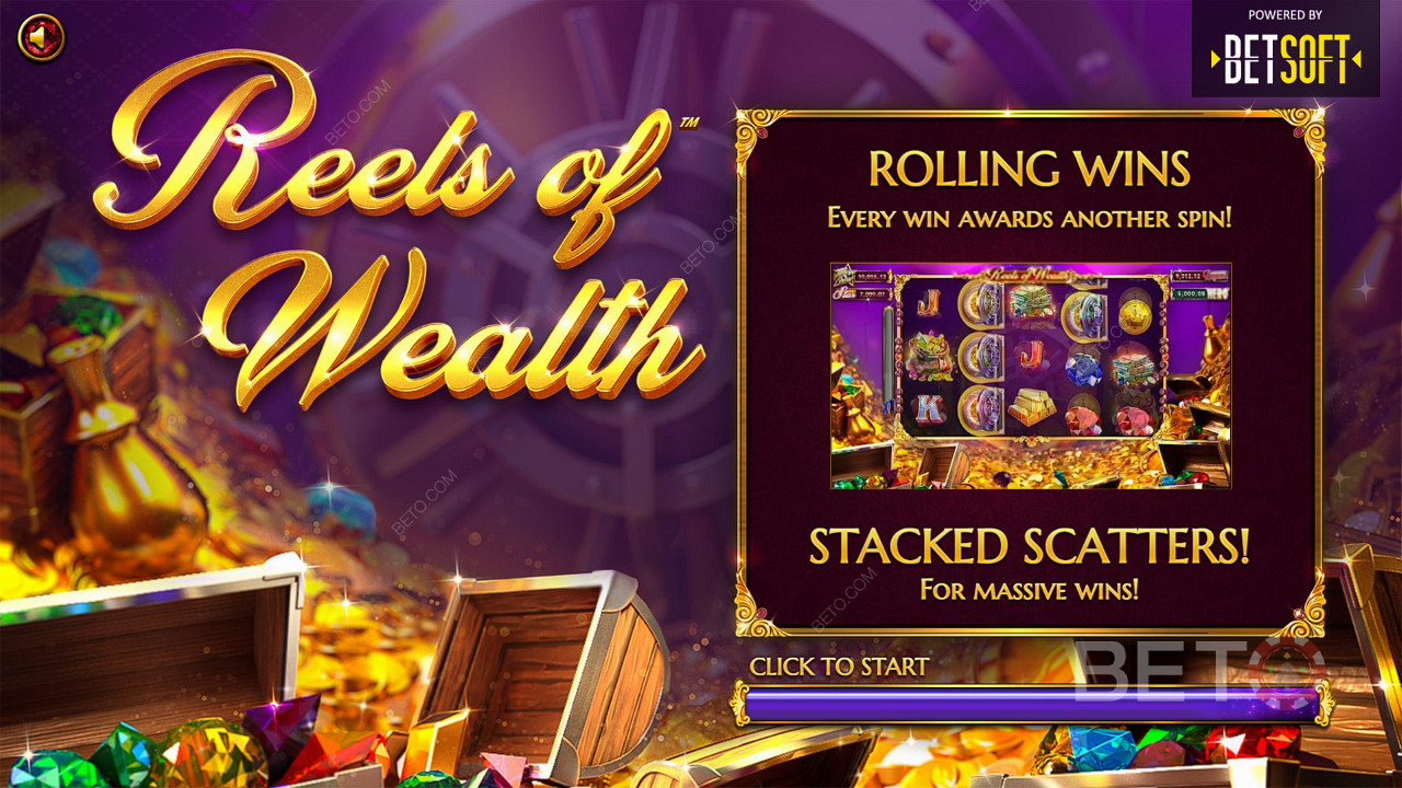 Ominaisuudet, kuten Rolling Wins ja Scatter Pays, täydentävät toisiaan Reels of Wealth -kolikkopelissä.