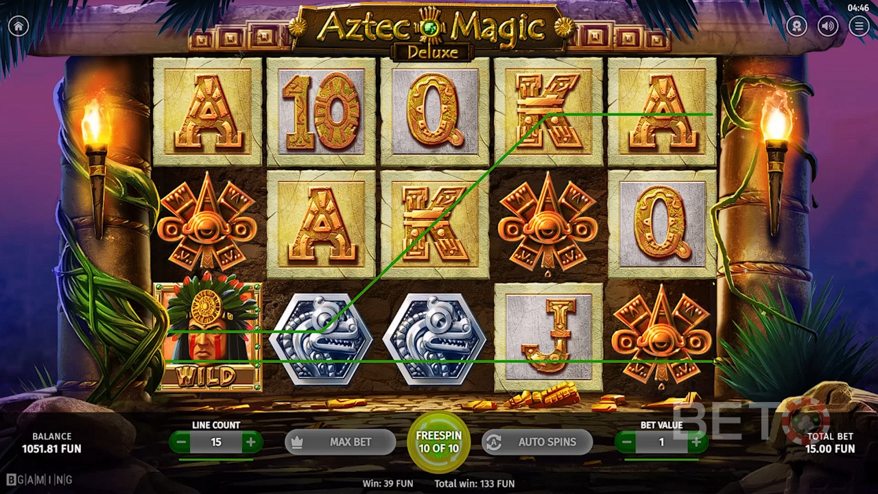 Atsteekkisoturi Wild auttaa luomaan voittoja Aztec Magic Deluxe -kasinopelissä.