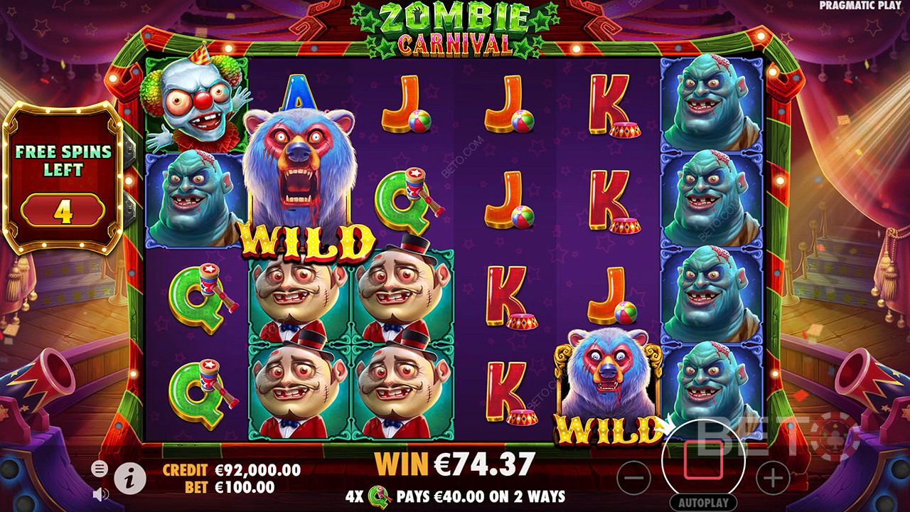 Nauti Sticky Wild -villoista Zombie Carnival -nettikolikkopelissä ilmaiskierroksilla.