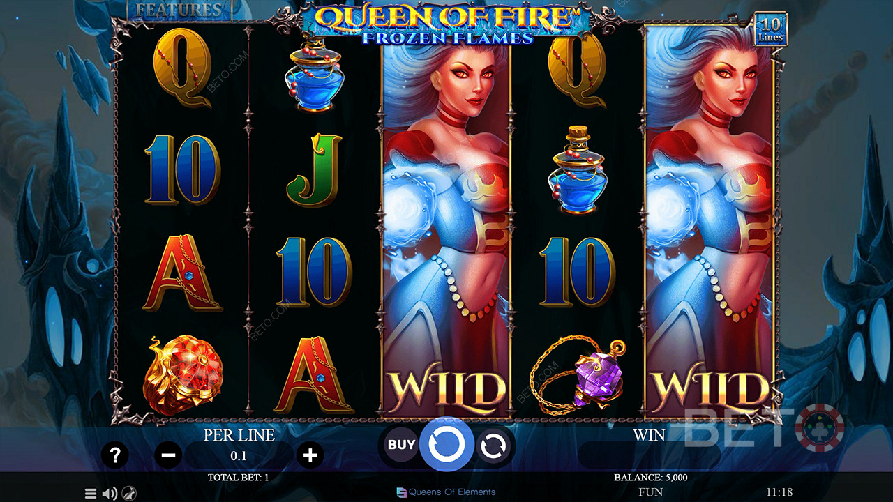 Nauti Queen of Fire - Frozen Flames -kolikkopelin peruspelin laajenevista wildeista.